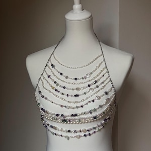 Handmade Crystal Body Chain, Mermaid Top Rave Outfit Body Jewelry, Body Chain Mermaid Costume, Beaded Bra Top Bikini Jewelry, Natural Sone