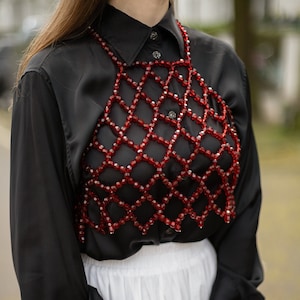 Red crop top, beaded pearl top, beaded bra, pearl bustier, beaded crop top, designer beaded bra, sexy summer top, pearl dress, beaded top
