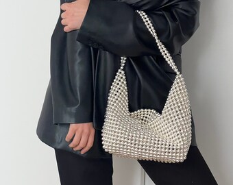 Beaded pearl bag, metal silver crystal handbag, evening party handbag, bag made of beads, trendy style bag, unisex handbag