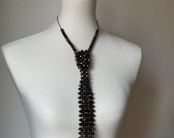 Corbata de cristal negro, corbata de cristal, corbata de cuentas negras, collar elegante para mujer, corbata de cuentas, corbata de cuentas negras, collar de cuentas brillantes