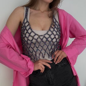 Beaded crop top, crochet crop top, beaded bra, purple rhinestone bra, pearl bra, personalized crop top, unique gift for her, crystal bra