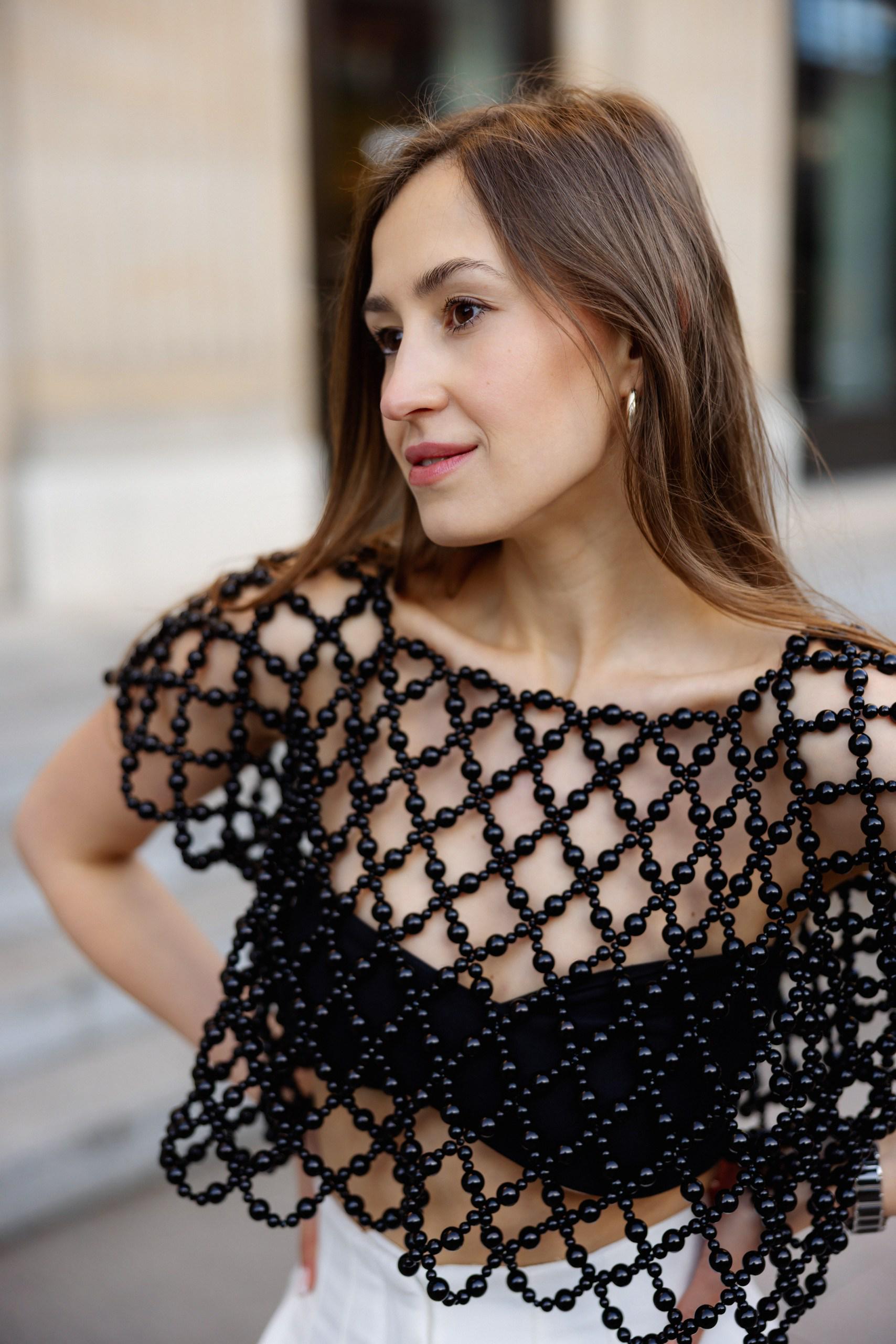Pearl Top, Beaded Top, Pearl Top With Sleeves, Gothic Style Top