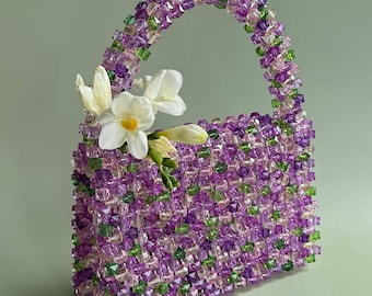 Crystal beaded bag, pearl handbag, evening clutch, fashion bright bag, chick stylish handbag, bag made of beads, summer bag, mini handbag