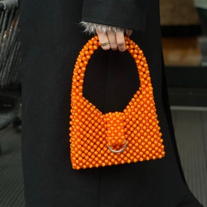 Crystal beaded bag, evening handbag, orange top handle bag, handmade bag, party chic bag, glamorous handbag, tote bag stylish, unisex bag
