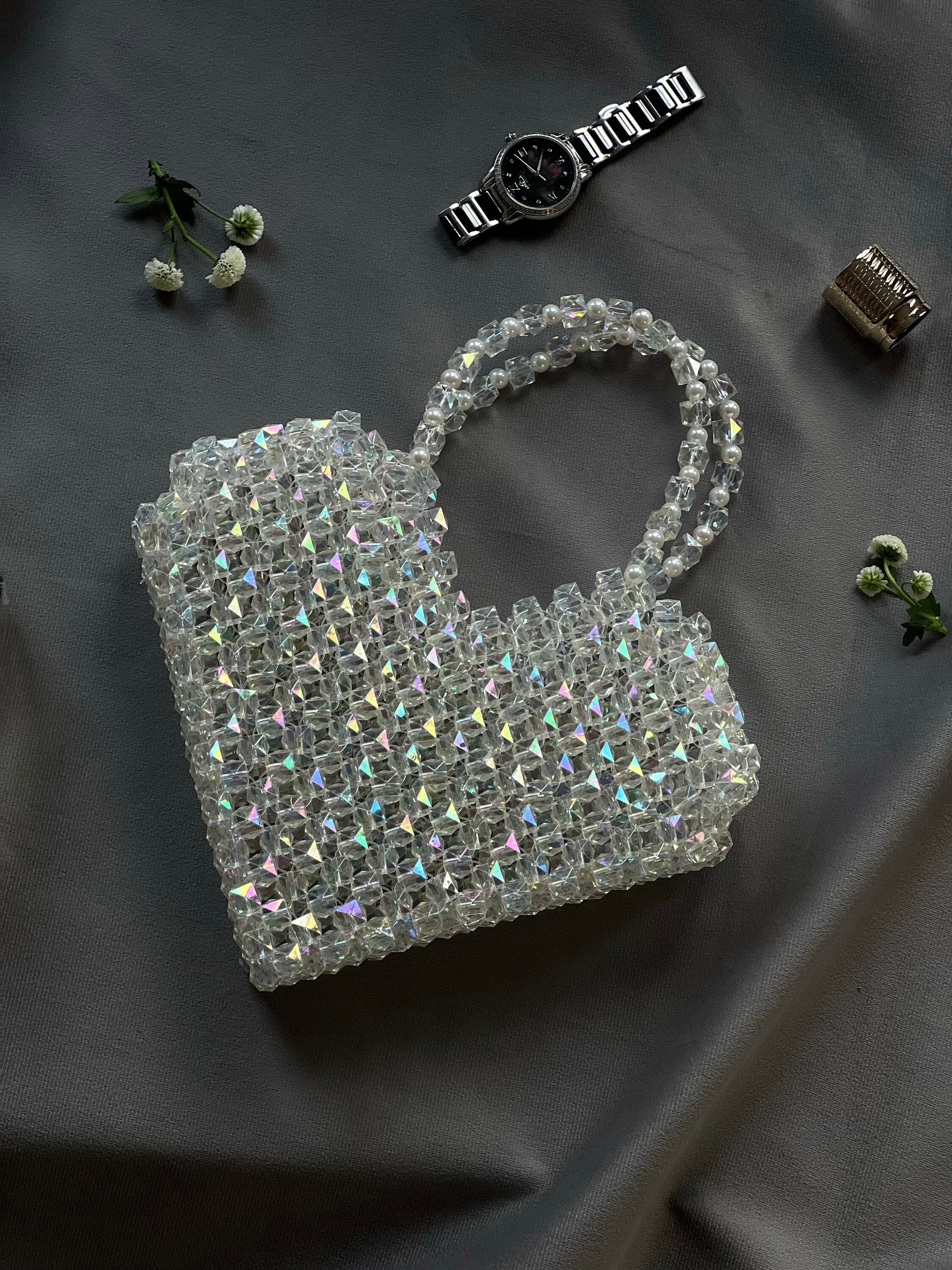 Heart Beaded Bag, Transparent Bag, Evening Shining Bag