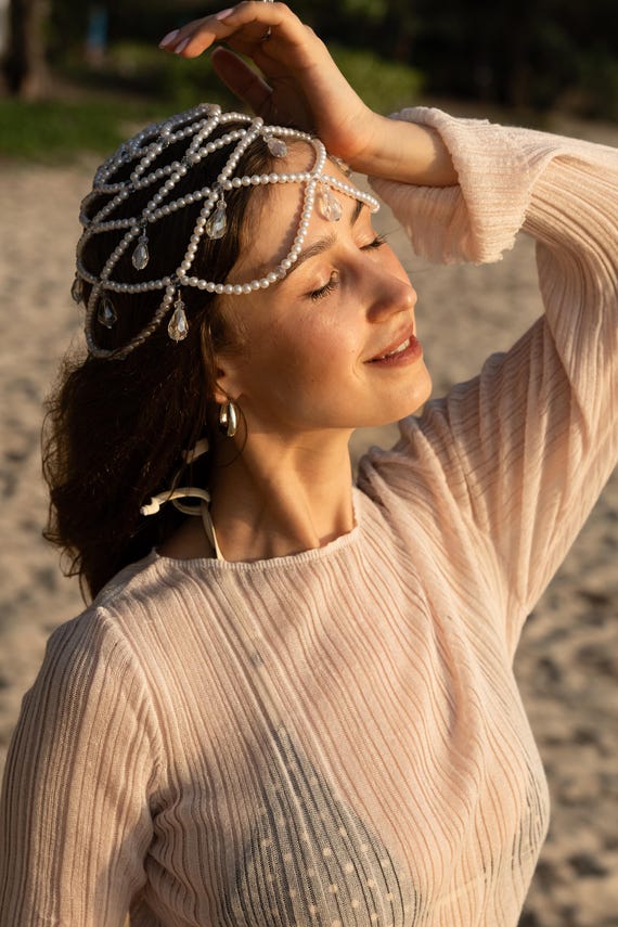 Pearl Headpiece, Beaded Headwrap, Crystal Hair Accessories  display picture 3