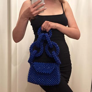 Crystal blue beaded bag, pearl handbag, fashion  handbag, gift for her, for woman, stylish bag, shiny handbag, wedding motives, prom bag