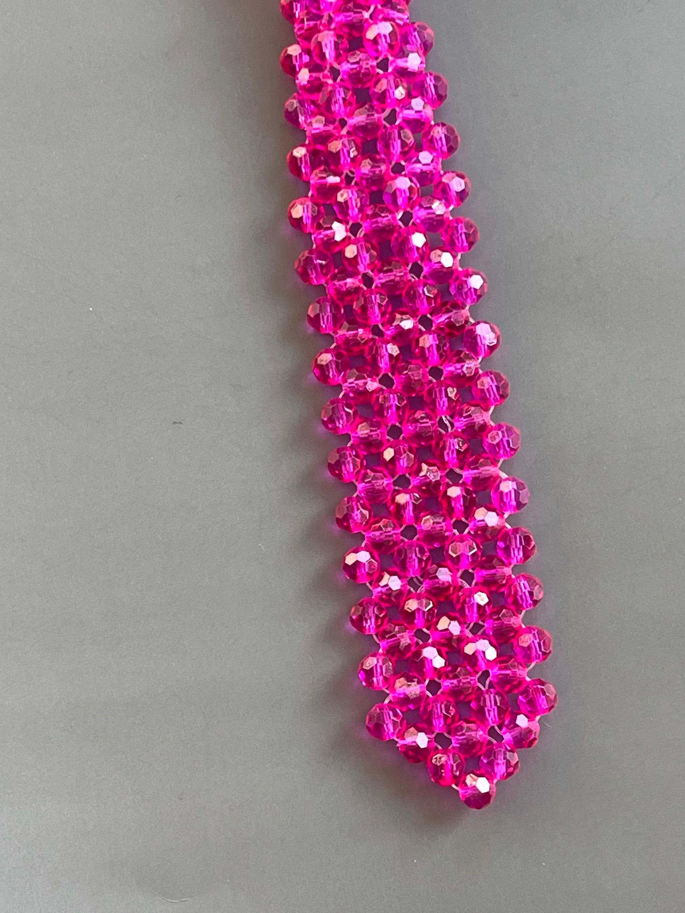 Pink 100% Silk Necklace Tie Accessory with Pearl Accent Long Faux Pearl Necklace Ribbon Tie Hot Pink Bright Glam  main image 3