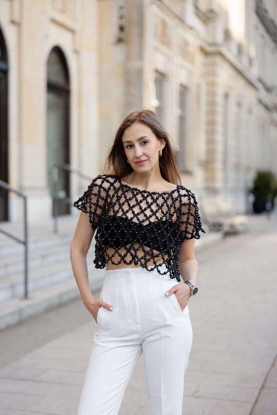 Pearl Top, Beaded Top, Pearl Top With Sleeves, Gothic Style Top