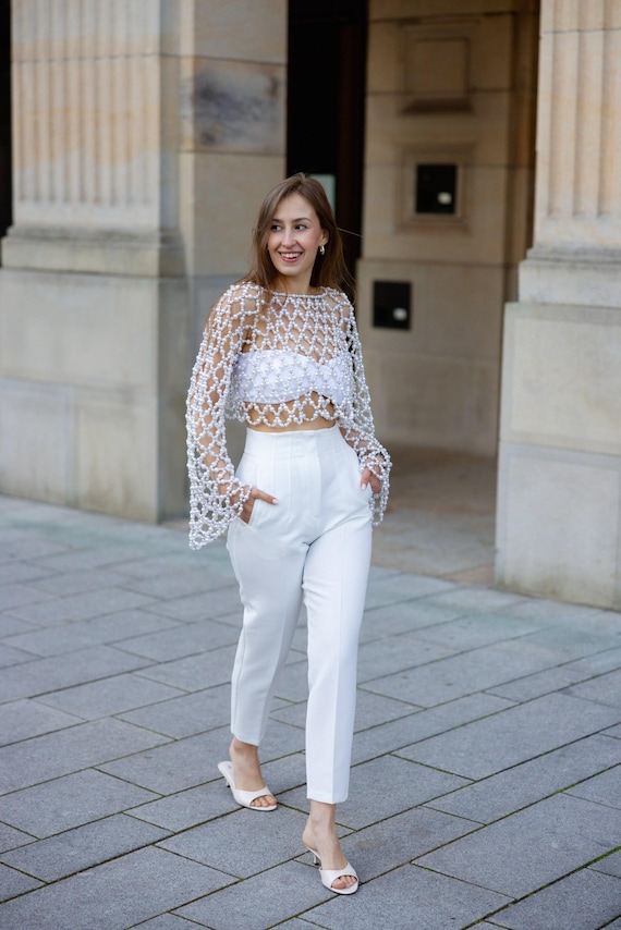 Pearl Volume Sleeve Topsパールボリュームスリーブトップス Pearl Top With Long Sleeves, Bridal Pearl Bustier, Beaded Wedding