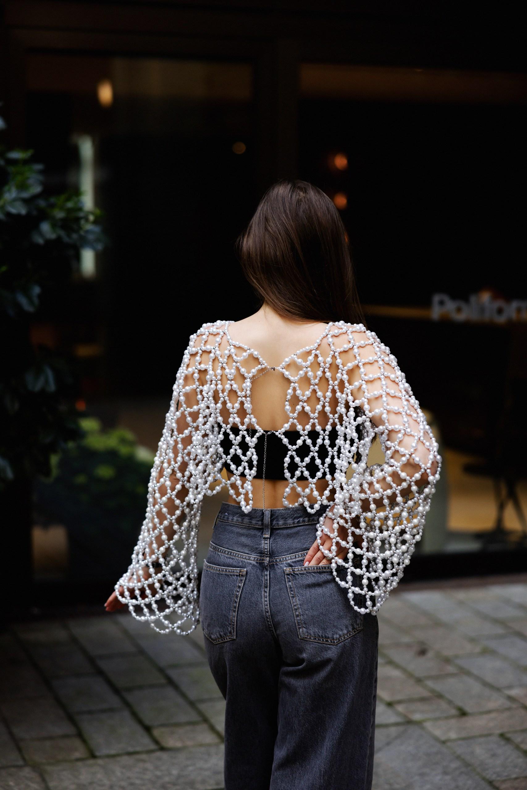 Pearl Top With Long Sleeves, Bridal Pearl Bustier, Beaded Wedding