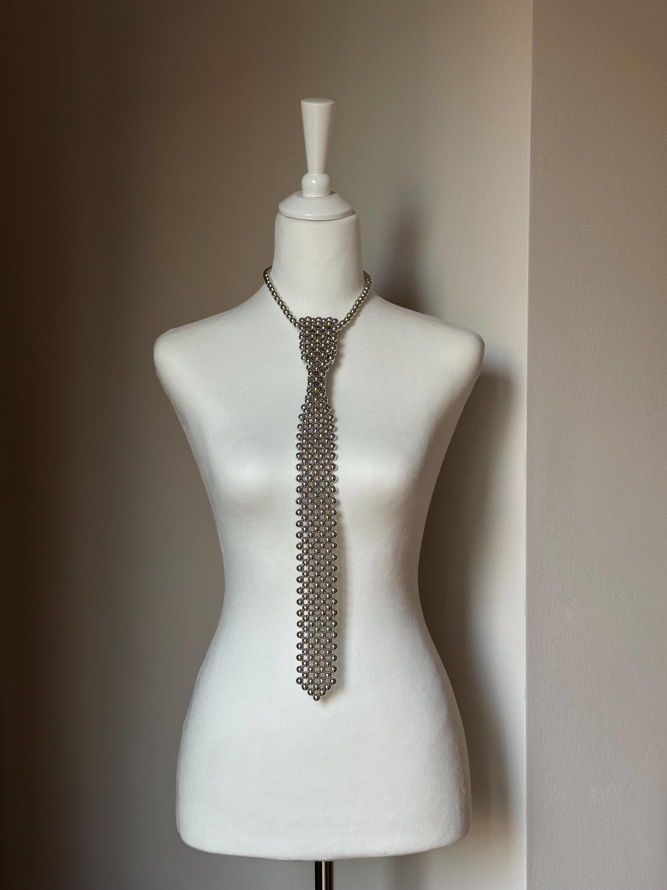 Metallic Crystal Necktie, Crystal Tie, Silver Beaded Tie