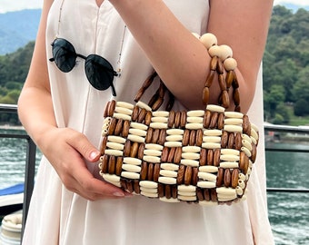 Beaded bag, wooden bag, beach summer bag, elegant bag for women, mini handbag, summer style bag, Boho style bag, ethnic handbag
