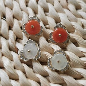 Flower Natural Jadeite Jade Type A Grade A Fei Cui 14K Gold Filled Stud Earrings