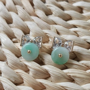 Donut Natural Jadeite Jade Type A Grade Fei Cui 14K Gold Filled Bow Stud Earrings