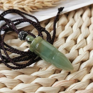 Bullet Olive Green Natural Type A Jadeite Jade Fei Cui Pendant With Dark Brown Adjustable String Cord