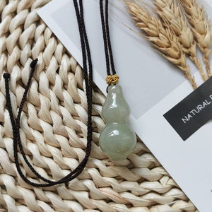 Calabash Hulu Light Olive Green Natural Jadeite Jade Fei Cui Pendant With Dark Brown Adjustable String Cord