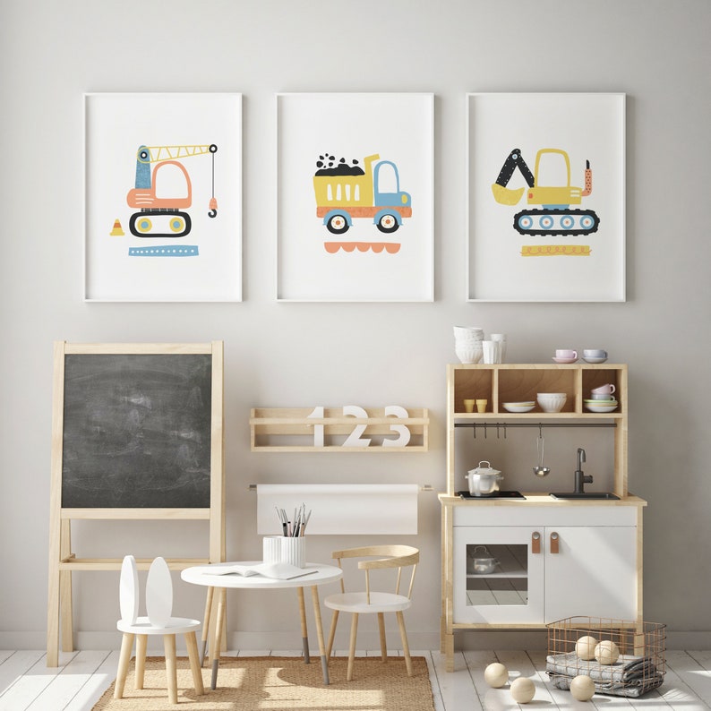 Construction Vehicles Print Set of 3 Three PRINTABLE WALL ART Truck Crane Digger Prints Toddler Boy Room Decor Instant Download image 3