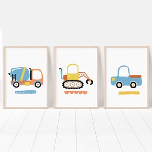 Construction Vehicles Print - Set of 3 || PRINTABLE WALL ART, Grabber Excavator, Cement Truck, Pickup Truck, Ute, Toddler Boy Room Decor
