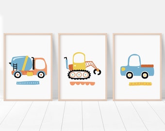 Construction Vehicles Print - Set of 3 || PRINTABLE WALL ART, Grabber Excavator, Cement Truck, Pickup Truck, Ute, Toddler Boy Room Decor