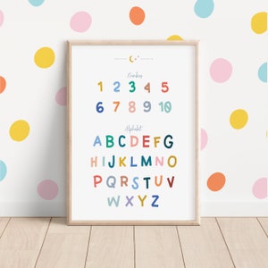 レインボーアルファベット数字プリント、デジタルダウンロード、子供用教育壁アート、保育園の装飾、ABC 印刷可能な保育園アート、ホームスクールポスター