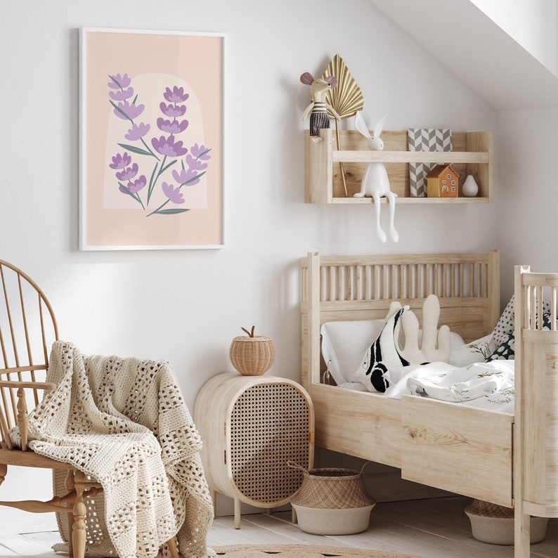 Floral Printable Art, Digital Download, Botanical Wall Decor, Purple Baby Nursery Room, Bedroom Decor, Lavender Floral Artwork, Kids Posters image 2
