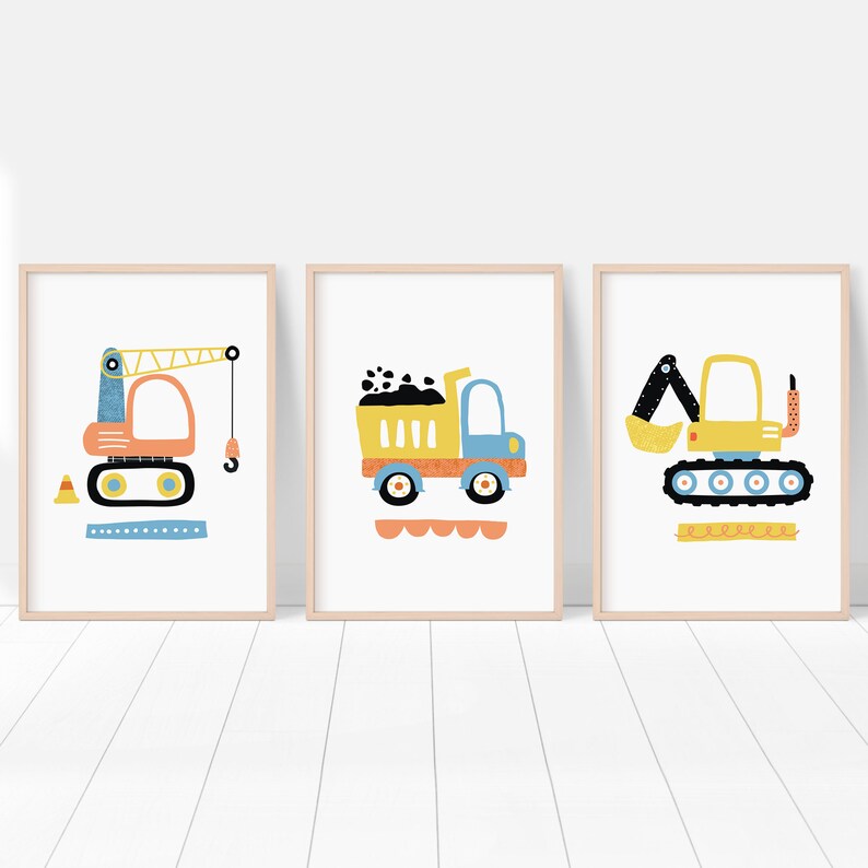 Construction Vehicles Print Set of 3 Three PRINTABLE WALL ART Truck Crane Digger Prints Toddler Boy Room Decor Instant Download image 1