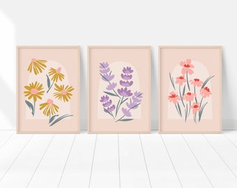 Botanical Floral Prints, Printable Wall Art, Pastel Poster, Instant Download, Kids Bedroom Decor, Floral Wall Art Set, 3 piece wall art