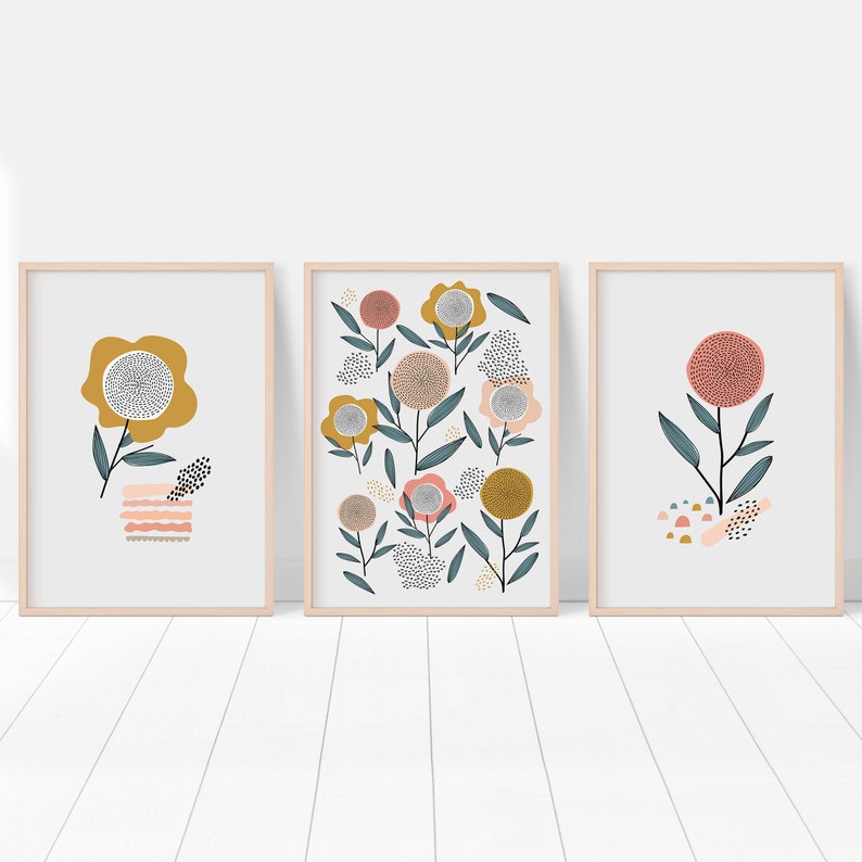 Retro Flower Abstract Print Set of Three 3 PRINTABLE WALL ART, Vintage Art Prints, Pink Baby Girl Nursery Room, Girls Bedroom Decor image 1
