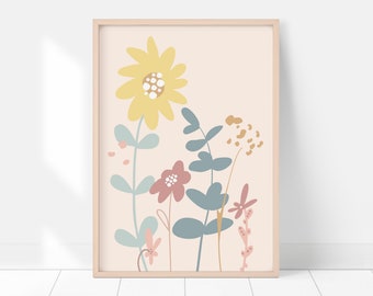 Sunflower Art Printable, Pastel Flower Print, Instant Download, Boho Wall Art, Botanical Decor, Bedroom Wall Decor, Floral Art Print