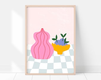 Pink Vase Fruit Bowl Print, DIGITAL DOWNLOAD, Kitchen Wall Art, Dining Room Print, Modern Kitchen Poster, Colourful Wall Art Printable