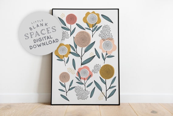 Retro Flower Print Printable Wall Art Digital Download Simple Art Print Pink Yellow Baby Girl Nursery Room Girls Bedroom Decor