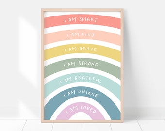 I am Smart Kind Loved, Rainbow Affirmations Print, DIGITAL DOWNLOAD, Inspirational Nursery Decor, Affirmations for Kids, Printable Wall Art