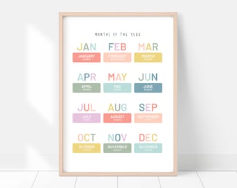 Educational Months of the Year Printable | Digital Download, Kindergarten, Preschool Decor, Classroom, Playroom Posters, Kids Wall Art