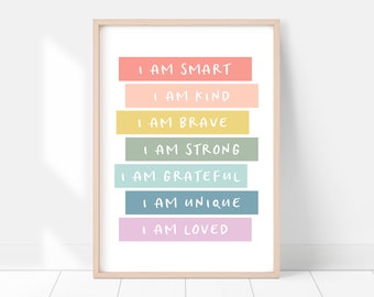 Quotes for Kids, Affirmations Print, DIGITAL DOWNLOAD, I am Smart Kind Loved, Inspirational Nursery Decor, Printable Wall Art