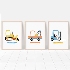 Fork Lift, Tow Truck & Bulldozer Print // Boy Room Decor - Set of 3 - DIGITAL DOWNLOAD - Transportation Vehicles Print - Printable Wall Art
