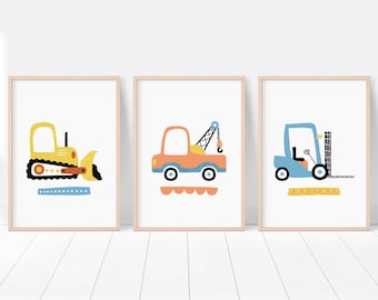 Fork Lift, Tow Truck & Bulldozer Print // Boy Room Decor - Set of 3 - DIGITAL DOWNLOAD - Transportation Vehicles Print - Printable Wall Art