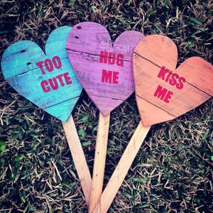 Conversation Hearts Wood Hearts Valentine's Day Decor Lawn Art Valentine Heart Stakes SET of 3 image 9