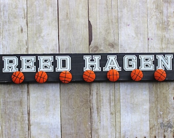 CUSTOMIZABLE Basketball Sign- Boy Room Decor- Handpainted Basketball- Vintage Basketball- Girl Room Decor- Backpack Holder- Coat Hanger