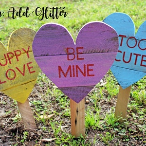 Conversation Hearts Wood Hearts Valentine's Day Decor Lawn Art Valentine Heart Stakes SET of 3 image 5