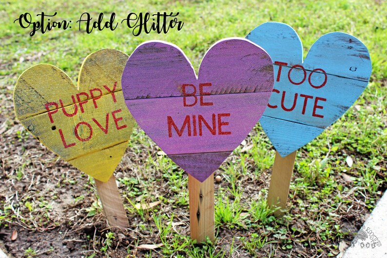 Conversation Hearts Wood Hearts Valentine's Day Decor Lawn Art Valentine Heart Stakes SET of 3 image 5