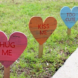 Conversation Hearts Wood Hearts Valentine's Day Decor Lawn Art Valentine Heart Stakes SET of 3 image 1