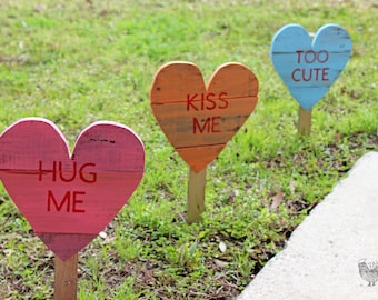 Conversation Hearts- Wood Hearts- Valentine's Day Decor- Lawn Art- Valentine Heart Stakes- SET of 3