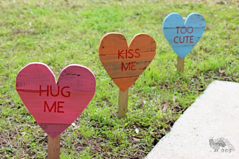 Conversation Hearts Wood Hearts Valentine's Day Decor Lawn Art Valentine Heart Stakes SET of 3 image 1