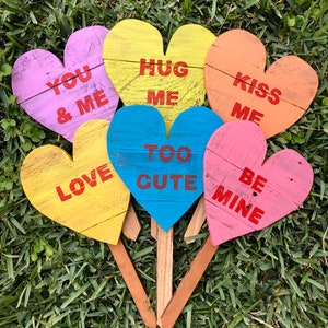 Conversation Hearts Wood Hearts Valentine's Day Decor Lawn Art Valentine Heart Stakes SET of 3 image 7