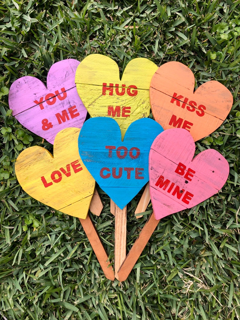 Conversation Hearts Wood Hearts Valentine's Day Decor Lawn Art Valentine Heart Stakes SET of 3 image 7