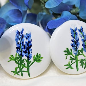 Handpainted Bluebonnets on White Porcelain Cabinet Knobs- Farmhouse Decor- Texas Decor- Kitchen Cabinets- Bathroom Cabinets