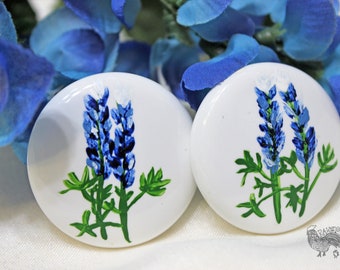 Handpainted Bluebonnets on White Porcelain Cabinet Knobs- Farmhouse Decor- Texas Decor- Kitchen Cabinets- Bathroom Cabinets