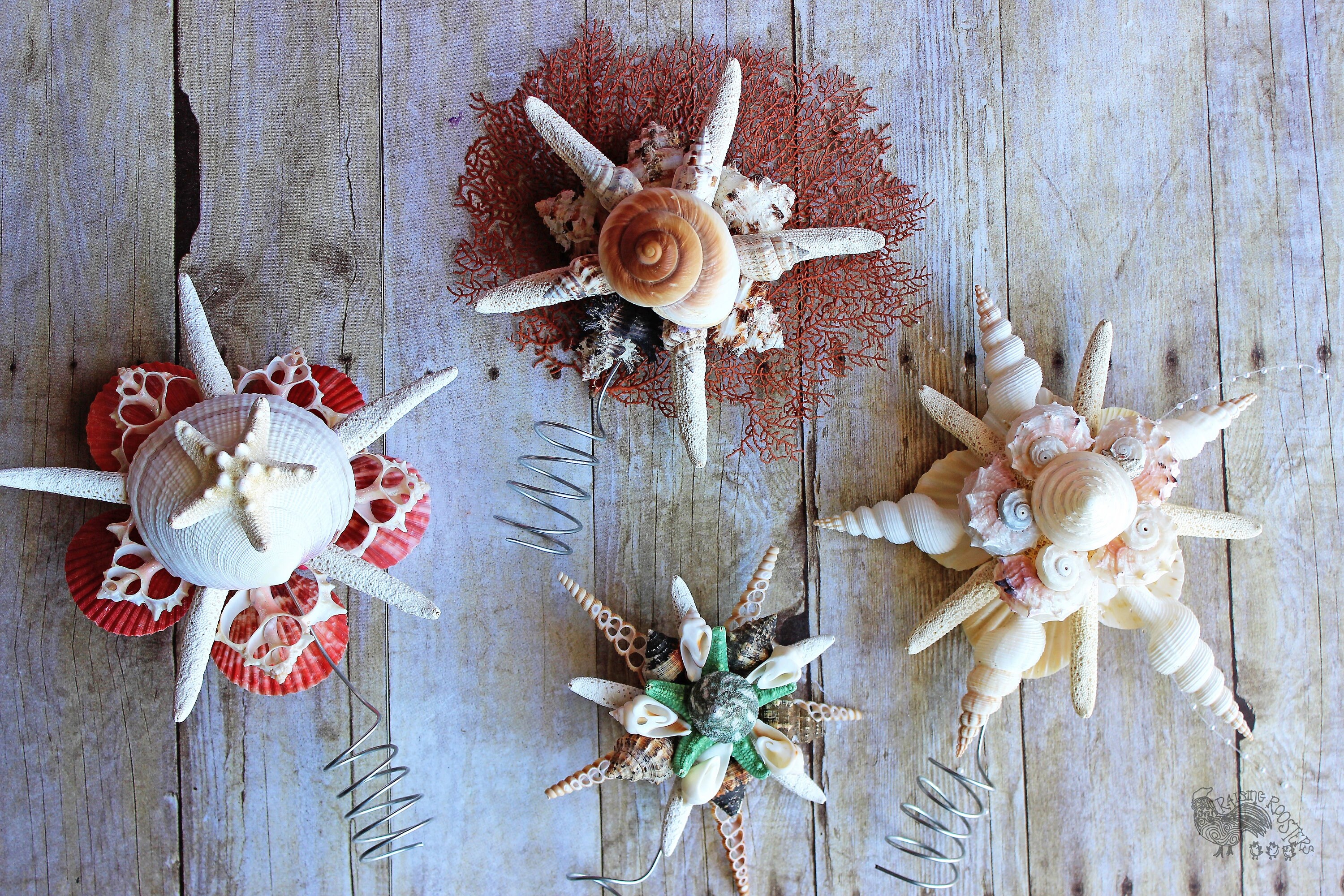 Camper Beach Themed Christmas Ornament Starfish Shells with a Sisal Tree