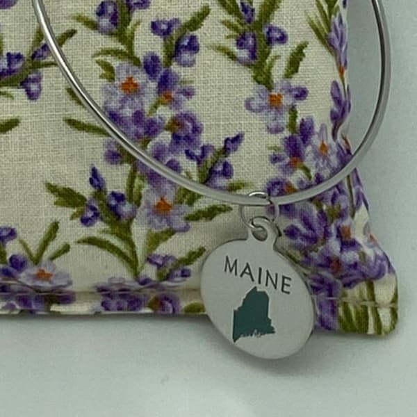 Made in Maine State Bangle Charm Bracelet | Maine PineTree Green Map Charm | Enameled Image | Stainless Steel Adjustable Bracelet